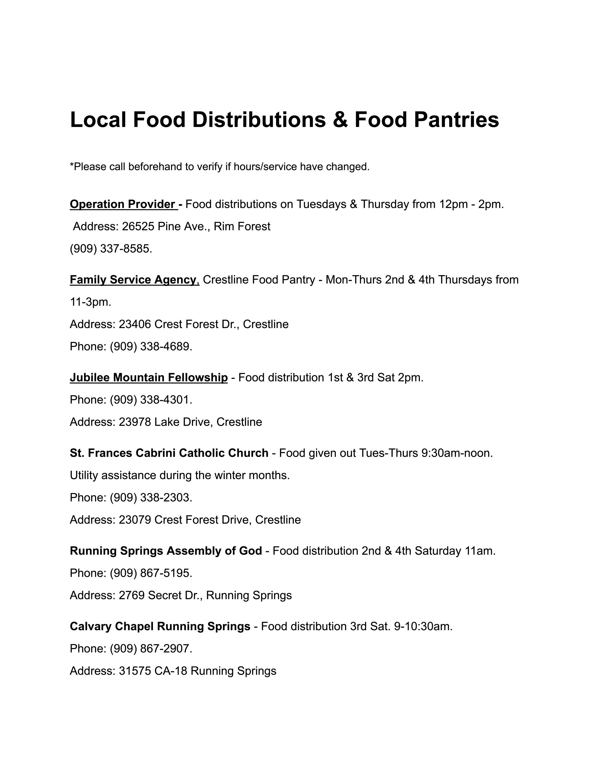 Local Food Distributions &amp; Food Pantries